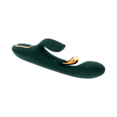 Evolved Golden Goddess G-spot Flicker Green premium dual-action vibrator providing internal and external stimulation.
