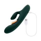 Evolved Golden Goddess G-spot Flicker Green vibrator with USB charging in elegant design.