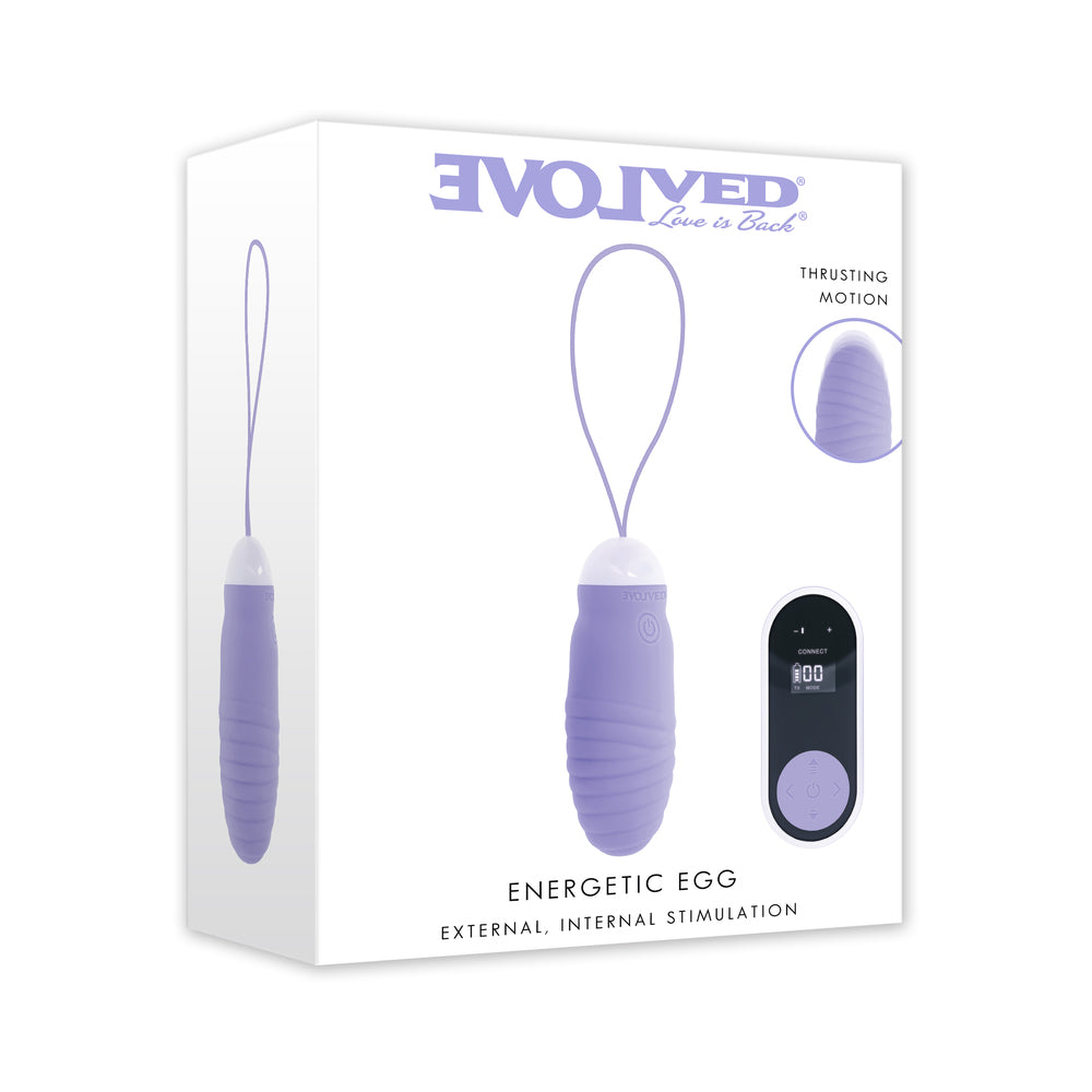 Evolved Energetic Egg Thrusting Vibrating Egg Purple packaging featuring thrusting motion control.