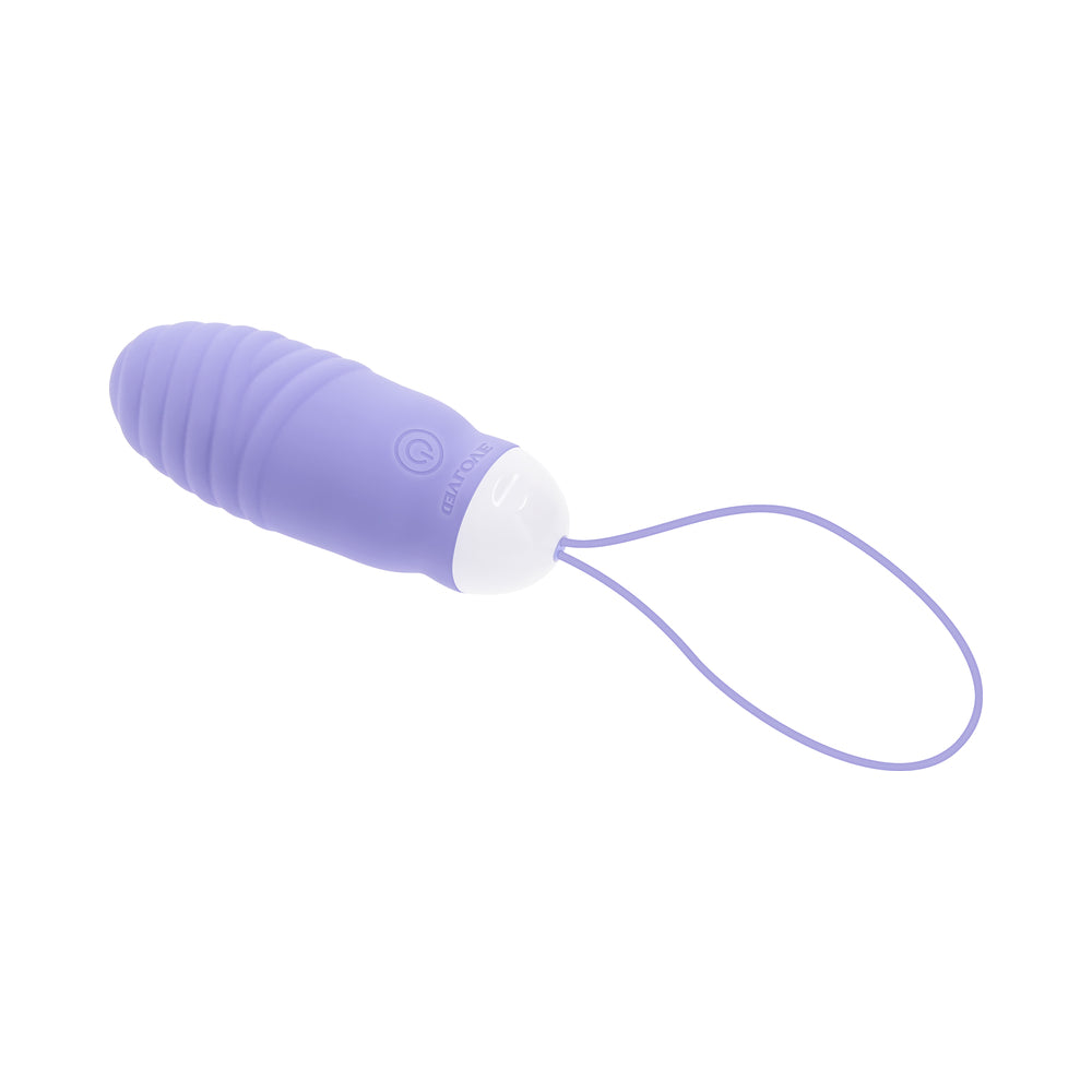 Evolved Energetic Egg Thrusting Vibrating Egg Purple in a palm-sized design with a remote control.