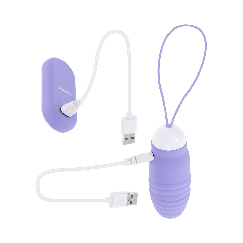 Evolved Energetic Egg Thrusting Vibrating Egg Purple with remote control and USB charging features.