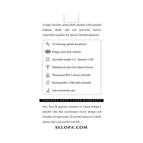 Selopa My Buddy Floppy Mini Dual Vibrator Pink features 10 vibrating speeds and waterproof design for ultimate pleasure.
