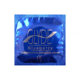 Glyde Ultrathin Latex Condom Blueberry Flavored 12-count packaging with blueberry flavor and lubricated design.
