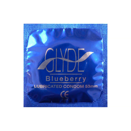 Glyde Ultrathin Latex Condom Blueberry Flavored 12-count packaging with blueberry flavor and lubricated design.