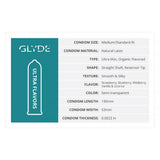 Glyde Ultrathin Latex Condom Blueberry Flavored 12-count product details with flavor and material information.