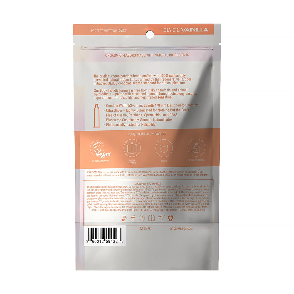 Glyde Ultrathin Latex Condom Vanilla Flavored 12-count packaging displaying natural ingredients and vegan certification.