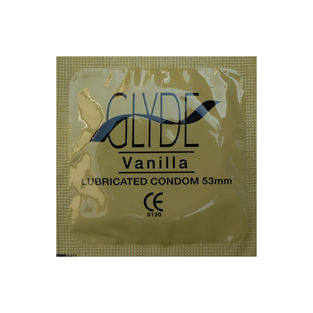 Glyde Ultrathin Latex Condom Vanilla Flavored 12-count packaging with a subtle vanilla design.