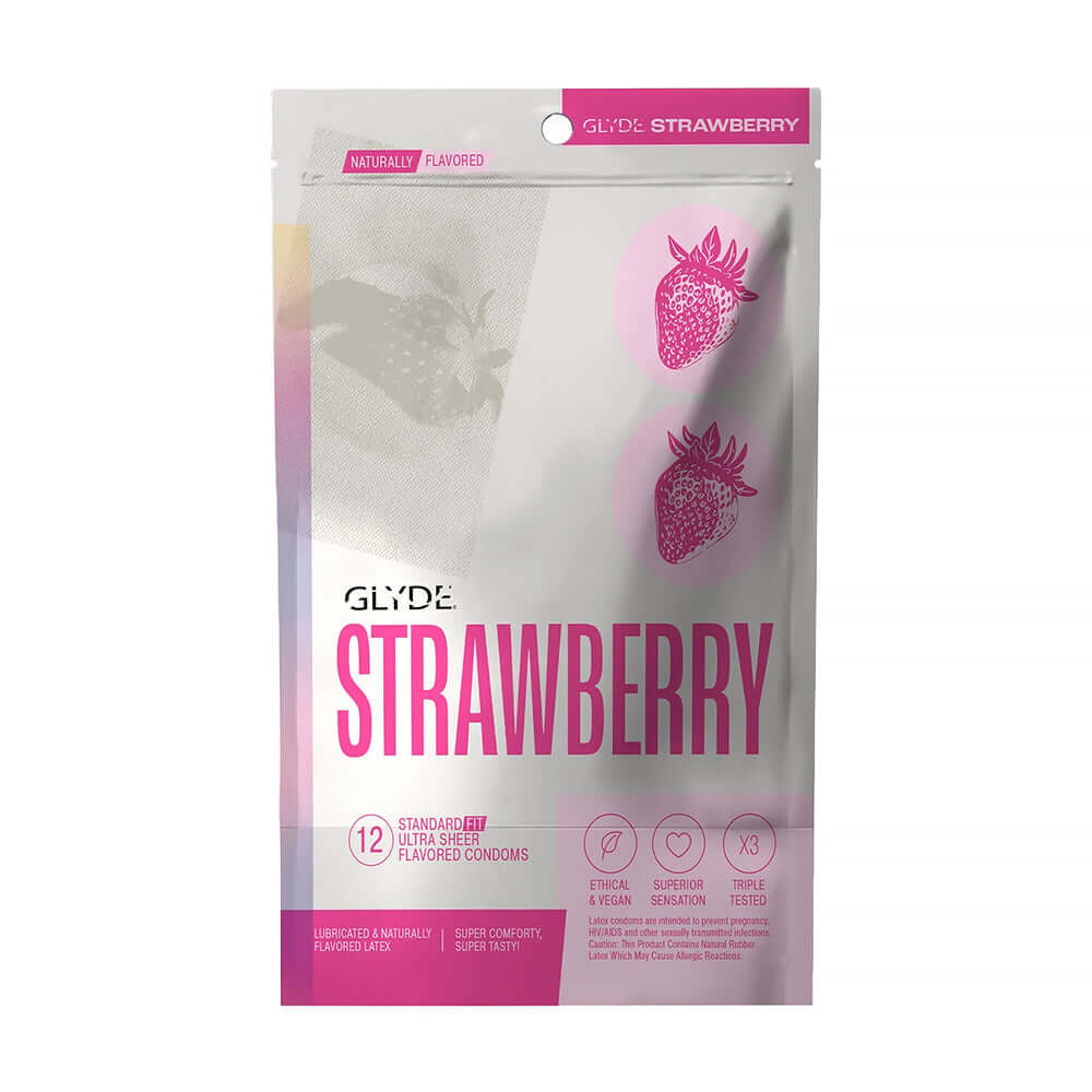 Glyde Ultrathin Latex Condom Strawberry Flavored 12-count packaging featuring strawberry graphics and product details.