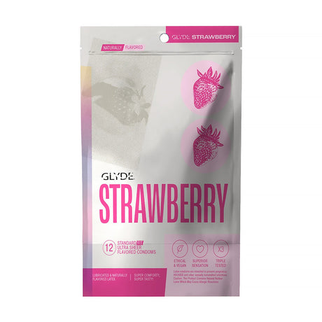 Glyde Ultrathin Latex Condom Strawberry Flavored 12-count packaging featuring strawberry graphics and product details.