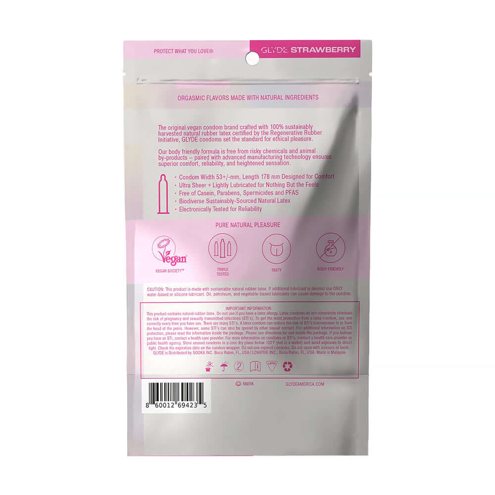 Glyde Ultrathin Latex Condom Strawberry Flavored 12-count packaging displaying vegan and natural ingredients information.