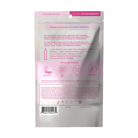 Glyde Ultrathin Latex Condom Strawberry Flavored 12-count packaging displaying vegan and natural ingredients information.