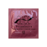 Glyde Ultrathin Latex Condom Strawberry Flavored 12-count packaging with strawberry design and 53mm size information.