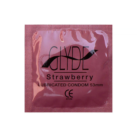 Glyde Ultrathin Latex Condom Strawberry Flavored 12-count packaging with strawberry design and 53mm size information.