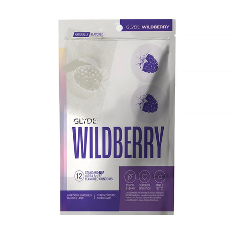 Glyde Ultrathin Latex Condom Wildberry Flavored 12-count packaging featuring berries and product details.