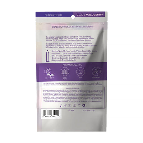 Glyde Ultrathin Latex Condom Wildberry Flavored 12-count packaging showcasing natural ingredients and vegan certification.