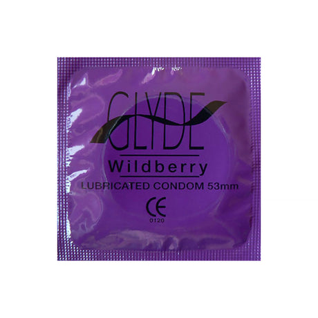 Glyde Ultrathin Latex Condom Wildberry Flavored 12-count package featuring lubricated condom design.
