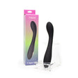 Spectrum Essentials Silicone G-spot Vibrator Black on display with packaging, showcasing its sleek design and ergonomic shape.