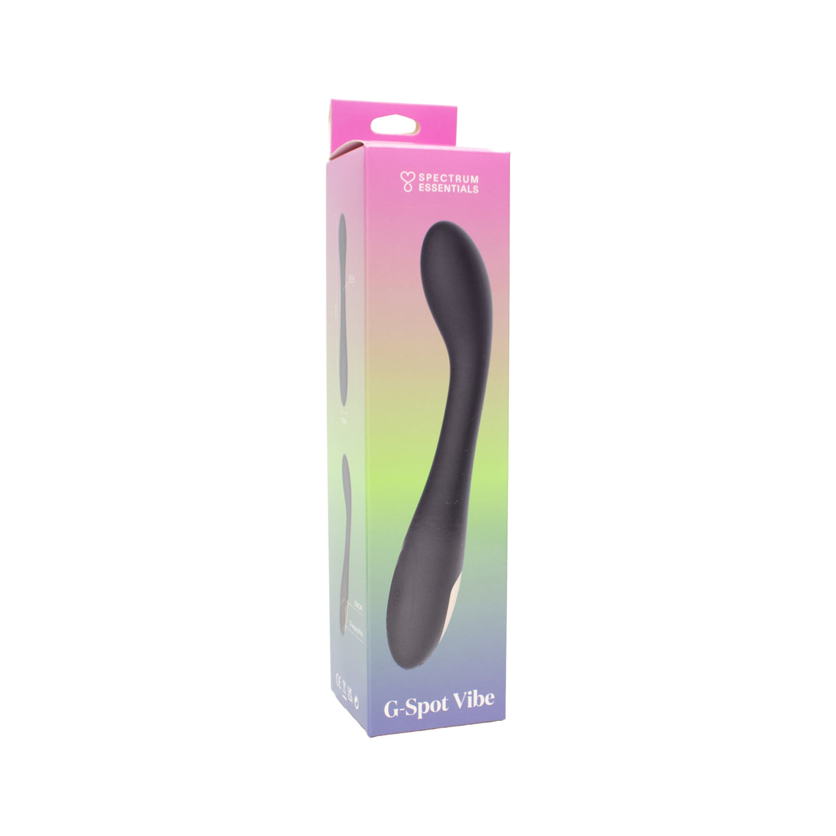 Spectrum Essentials Silicone G-spot Vibrator Black packaging design with vibrant colors and sleek shape.