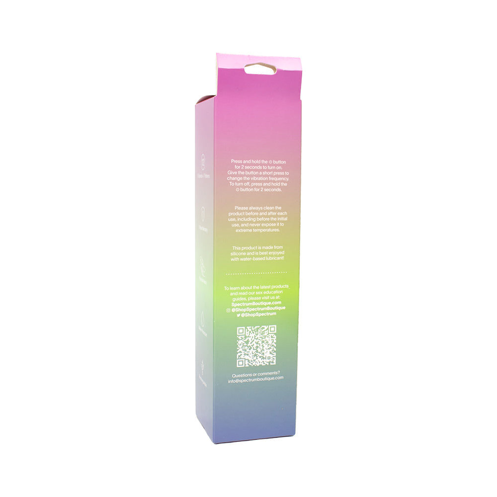 Back packaging of Spectrum Essentials Silicone G-spot Vibrator Black with product details and usage instructions.