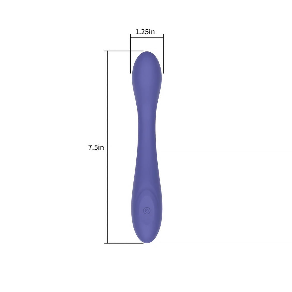 Illustration showing dimensions of Spectrum Essentials Silicone G-spot Vibrator Purple, 7.5 inches long and 1.25 inches wide.
