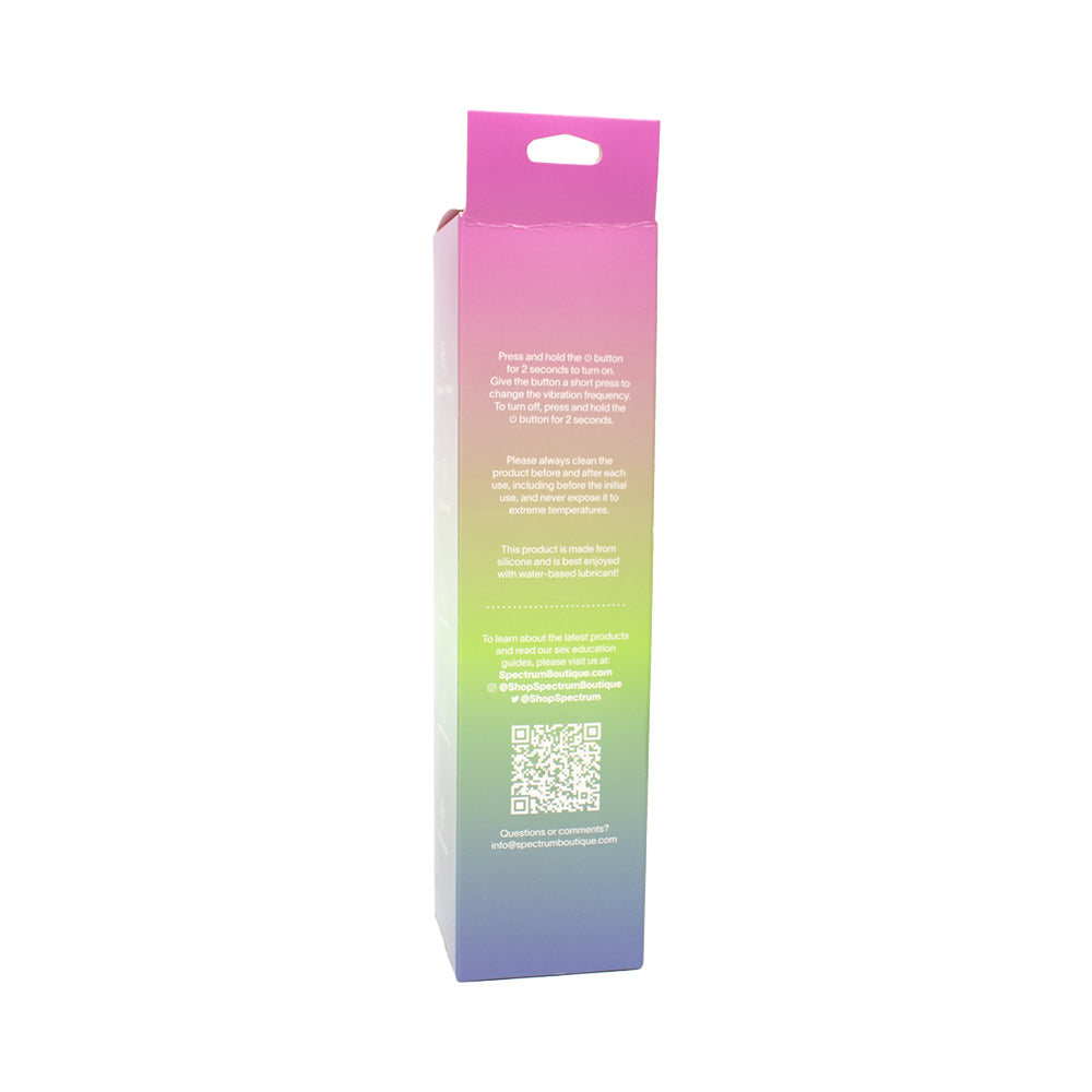 Spectrum Essentials Silicone G-spot Vibrator Purple packaging side view showcasing product information and QR code.
