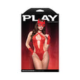 Fantasy Lingerie Devious Decisions 3 Piece Devil Costume S/M model wearing a provocative red lace outfit with mask.