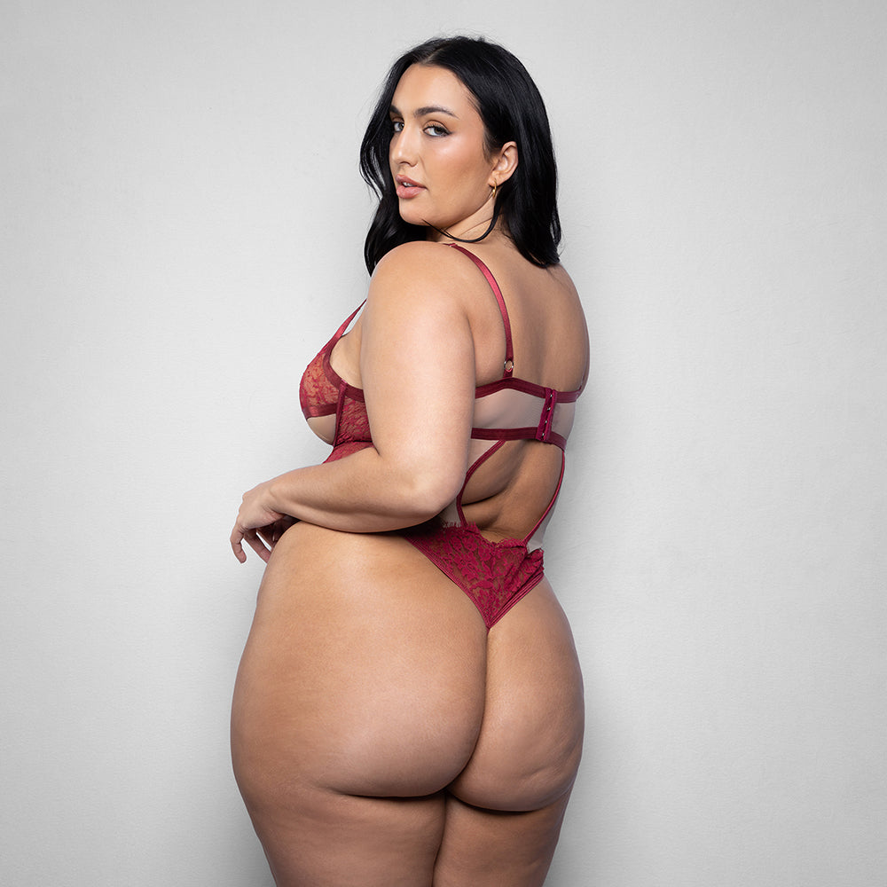 Fantasy Lingerie Elusive Anya Teddy Underwire Cups 3XL/4XL on a model showcasing the back design and sheer lace details.
