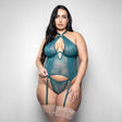 Fantasy Lingerie Kasmira Crotchless Bustier Set XL/2XL featuring a sheer lace design and a halter neckline.