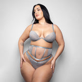 Fantasy Lingerie Elusive Mila Bra Cincher Set XL/2XL on a model showcasing its romantic and confident design.