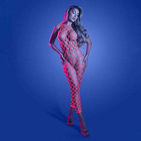 Fantasy Lingerie Glow Want It All Bodystocking & Pasties displayed in a bold, revealing design against a vibrant blue background.