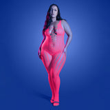 Fantasy Lingerie Glow Turn Up Bodystocking Queen Size displayed on model against a blue background, showcasing its neon pink glow.