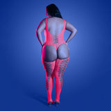 Fantasy Lingerie Glow Turn Up Bodystocking Queen Size showcasing a neon-pink glowing fit in a stylish back view.