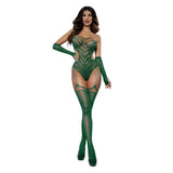 Dreamgirl Chevron Gartered Teddy With Gloves Emerald showcasing a bold chevron design in a rich emerald color.