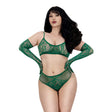 Dreamgirl Lace Seamless 3-piece Set Emerald Queen Size model showcasing the bralette, panty, and gloves in emerald lace.