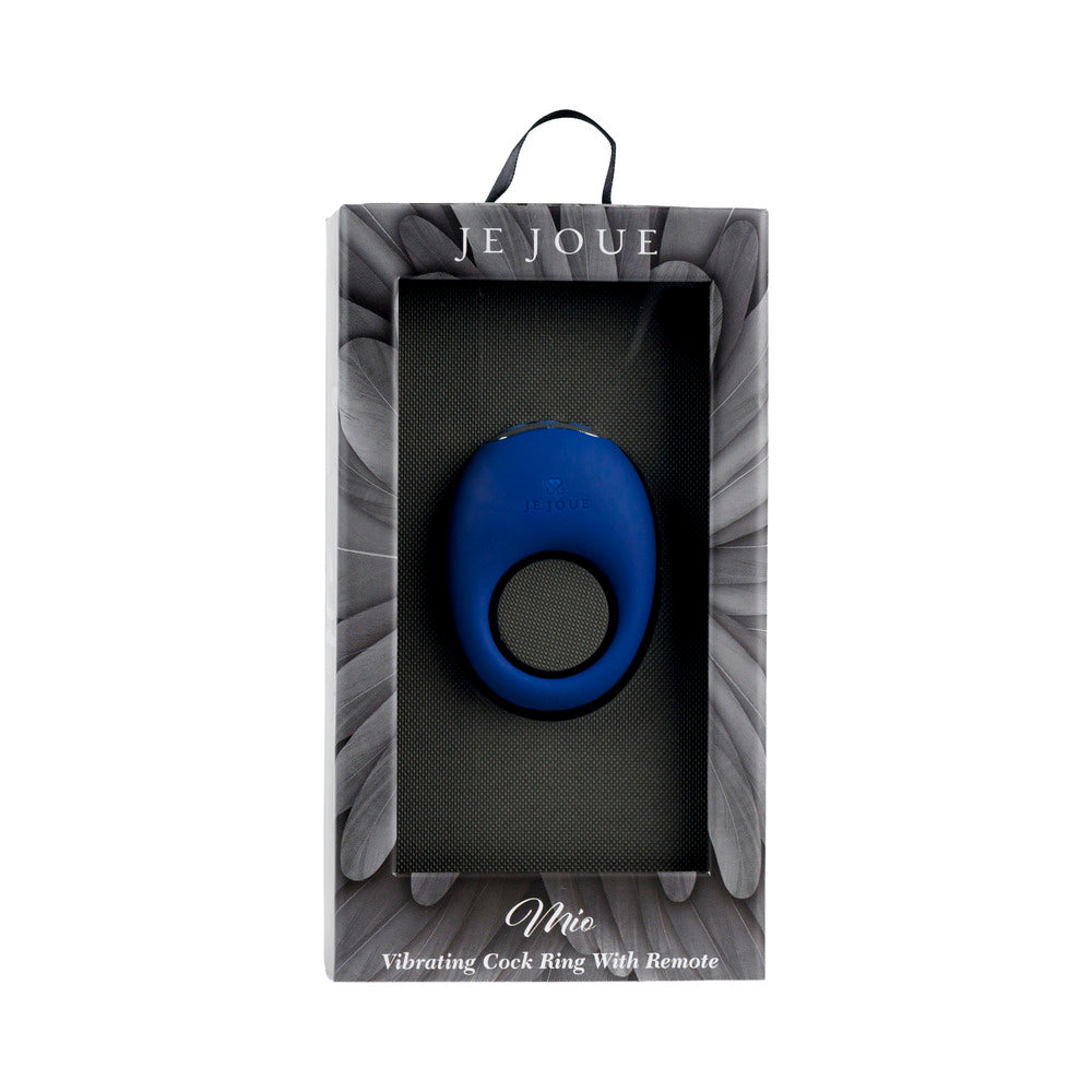 Je Joue Mio V2 Vibrating Cock Ring Blue packaging displayed in a sleek box with remote control.