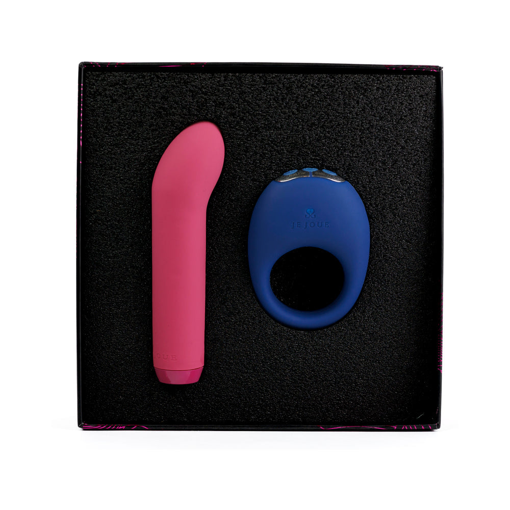 Je Joue Couple's Collection Vibrator Gift Set featuring a pink G-spot bullet and blue vibrating ring in elegant packaging.