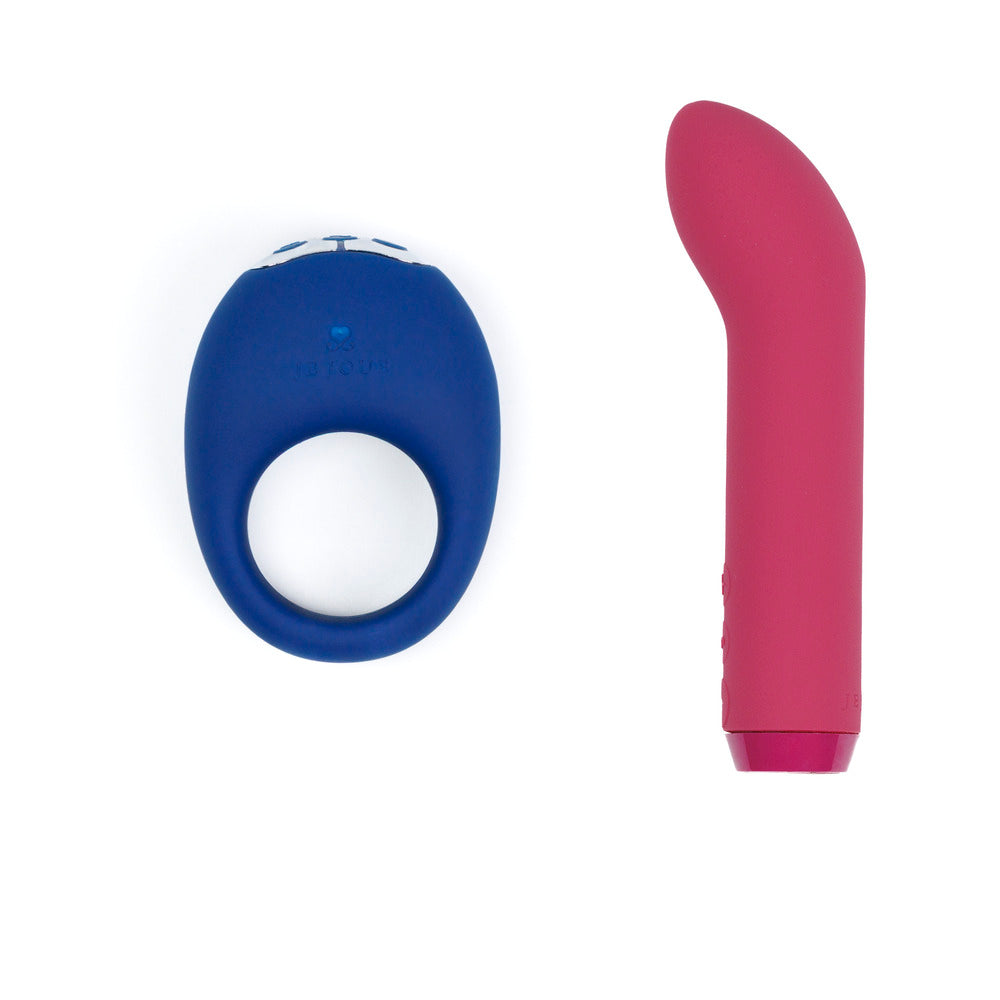 Je Joue Couple's Collection Vibrator Gift Set featuring a blue Mio vibrating ring and a pink G-spot bullet.