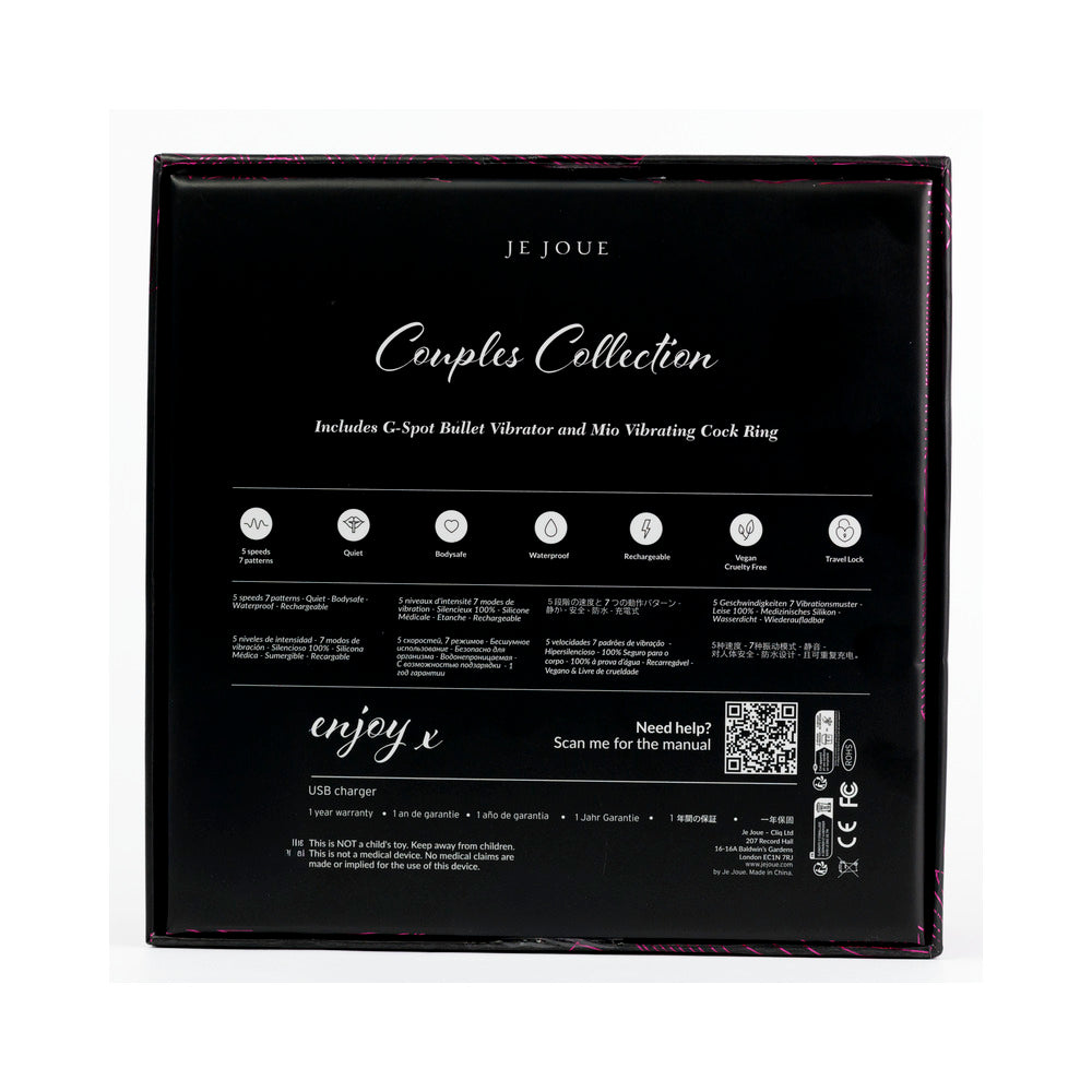 Je Joue Couple's Collection Vibrator Gift Set package back showing features and included items.