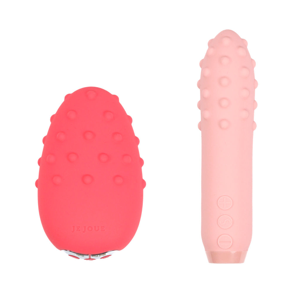 Je Joue Double Trouble Vibrator Set featuring pink and red vibrators designed for deep sensations.