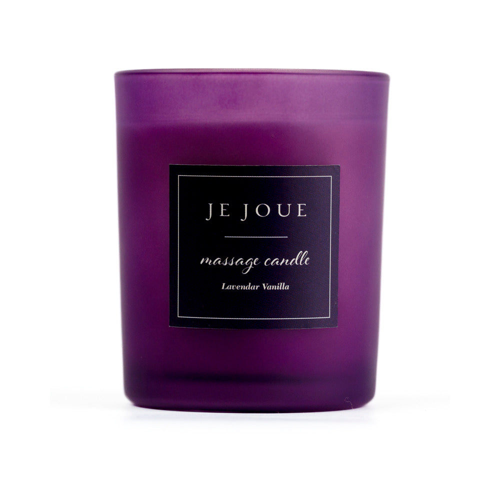 Je Joue Purple Vanilla Massage Candle 160g in a purple glass container with a label.