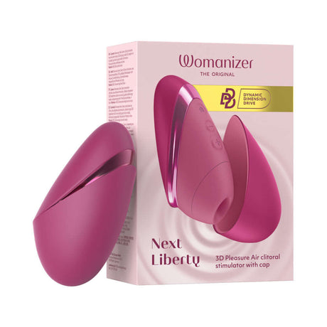 Womanizer Next Liberty Air Clitoral Massager Vibrant Pink with packaging showcasing its 3D Pleasure Air technology.