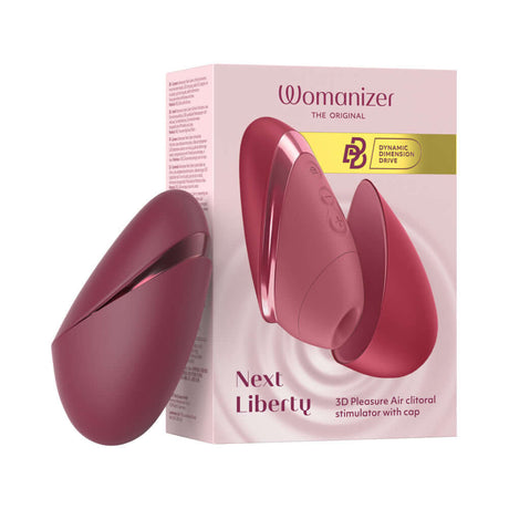 Womanizer Next Liberty Air Clitoral Massager Bordeaux with packaging showcasing 3D Pleasure Air Technology.