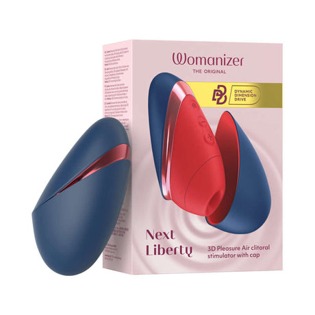 Womanizer Next Liberty Air Clitoral Stimulator Blue Red with packaging showcasing 3D Pleasure Air technology.