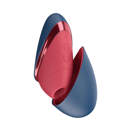Womanizer Next Liberty Air Clitoral Stimulator Blue Red in a compact design with travel cap.