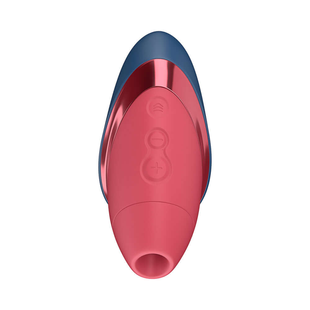 Womanizer Next Liberty Air Clitoral Stimulator Blue Red in palm-sized design with buttons for settings.
