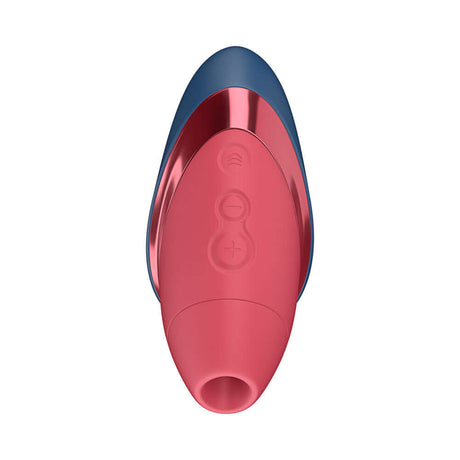 Womanizer Next Liberty Air Clitoral Stimulator Blue Red in palm-sized design with buttons for settings.