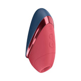 Womanizer Next Liberty Air Clitoral Stimulator Blue Red side view showing its compact design and controls.