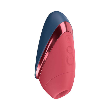 Womanizer Next Liberty Air Clitoral Stimulator Blue Red side view showing its compact design and controls.