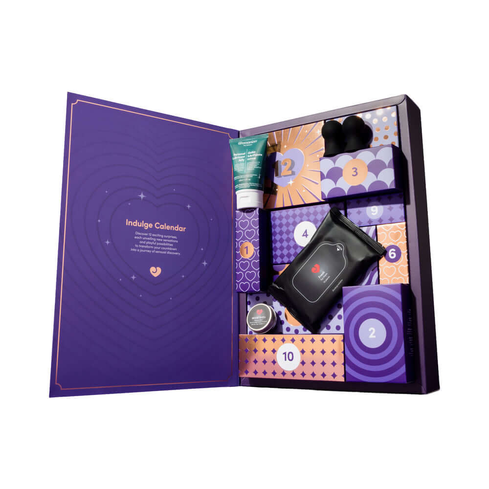 Lovehoney Indulge Advent Calendar 2026 (12 Day) open, showcasing colorful doors and hidden surprises inside.