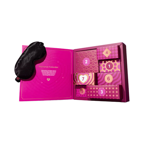 Lovehoney X We-Vibe 7 Day Romance Advent Calendar opened with blindfold and colorful boxes for couples.